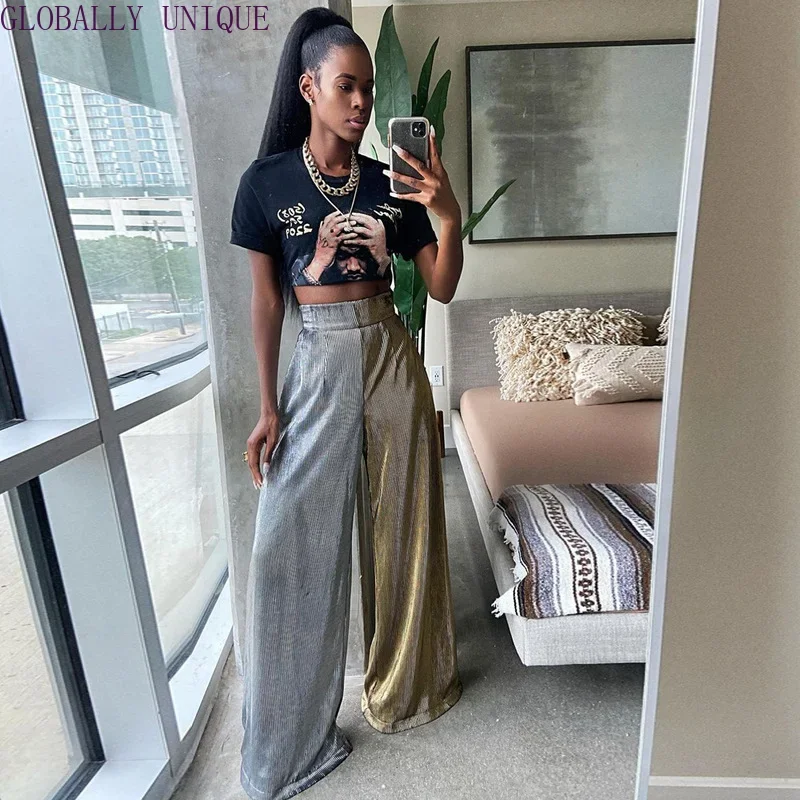 Autumn Women's Wide-leg Pants Gold and Silver Contrast Color Stitching Low Waist Stretch Network Loose Fashion Casual Streetwear