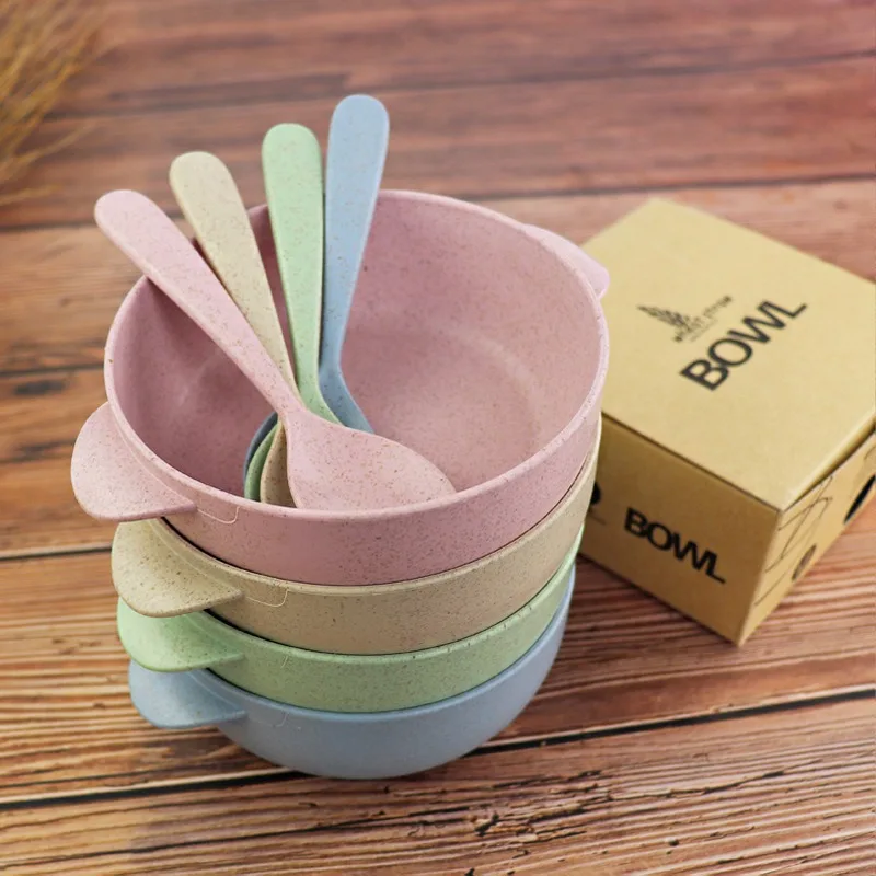 Eco-Friendly Wheat Straw Bowls Spoon Reusable Baby Children's Dishes Kitchenware Bowl Home Kitchen Dinnerware Supplies 1pcs baby tableware set