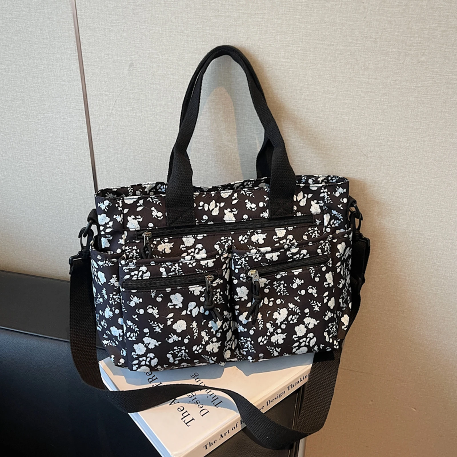 Nylon Floral Prints Shoulder Bag with Adjustable Strap Handbag with Multi Pocket Underarm Bag for Women Work Shopping Travel