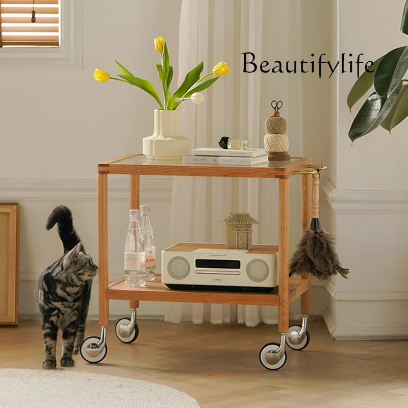 

Nordic Solid Wood Japanese-Style Portable Trolley Tea Table with Wheels