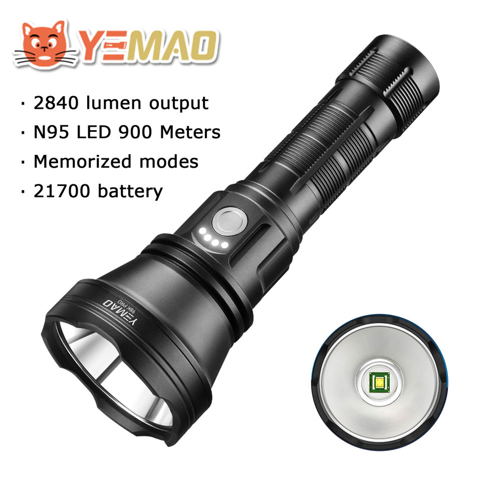 YEMAO 98KPro 2840LM Flashlight - AY90-N95 LED Illuminator, 6 Modes w/Memory, 21700 Battery Flash Torch, 900m