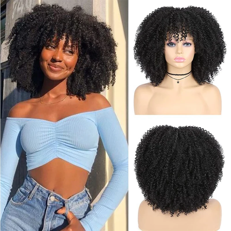 

Afro Kinky Curly Wig with Bangs Short Natural Synthetic Curly Wigs for Black Women Ombre Black Blonde High Temperature Fiber Wig