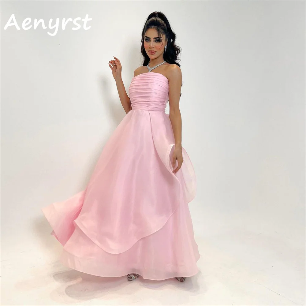 

Aenryst Elegant Pink Strapless Pleated Evening Dresses A Line Tiered Prom Dress Floor Length Party Gowns Custom Made فساتين سهره