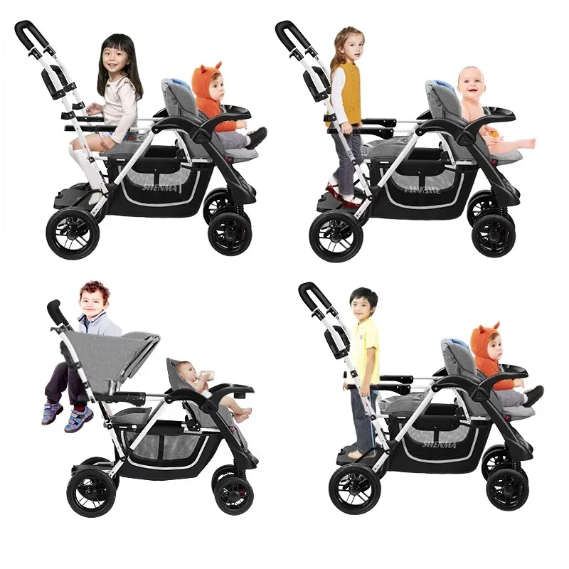 Double Kids Sit/Stand Stroller With Rain Cover, Fold Pram For 2 Baby, 4 Color Available
