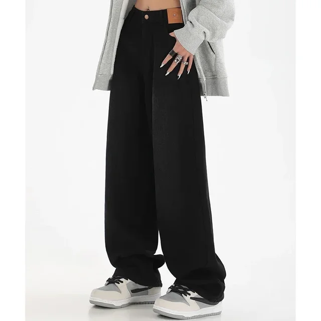 Femme taille haute coupe ajustée jambe large jean femme haute rue Y2k 2000s pantalons décontractés dame mode noir bleu pantalon en Denim ample 4
