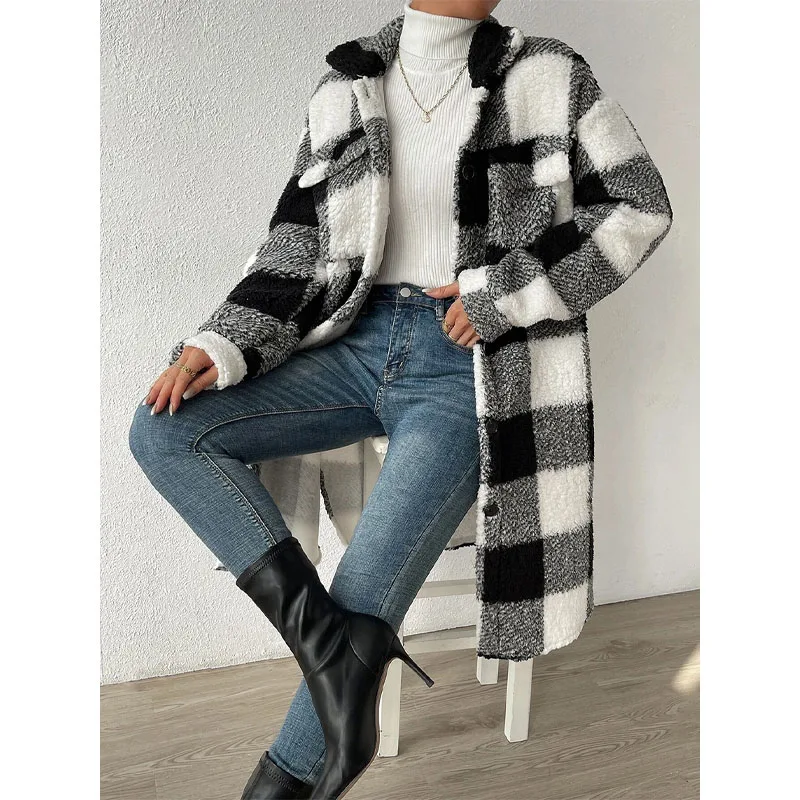 2023 New Autumn and Winter Fashion Style Style Open Buckle Collar Plush Plaid Loose Coat Temperament Commuter Women's Long Coat