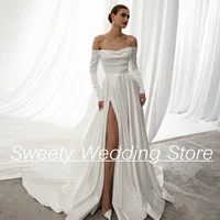 Wedding Dress 2024 New Arrival Long Sleeves Boat Neck Pearl Slit Satin Bridal Gown Court Train A Line Bride Dresses for Woman 1