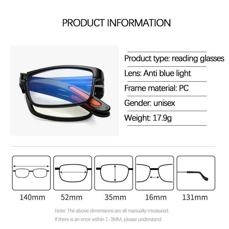 Klappbare Lesebrille mit Etui, Anti-Blaulicht-Brille, Presbyopie, Retro, Unisex, Taschenbrille, tragbare Brille für Männer und Frauen – Detail 2