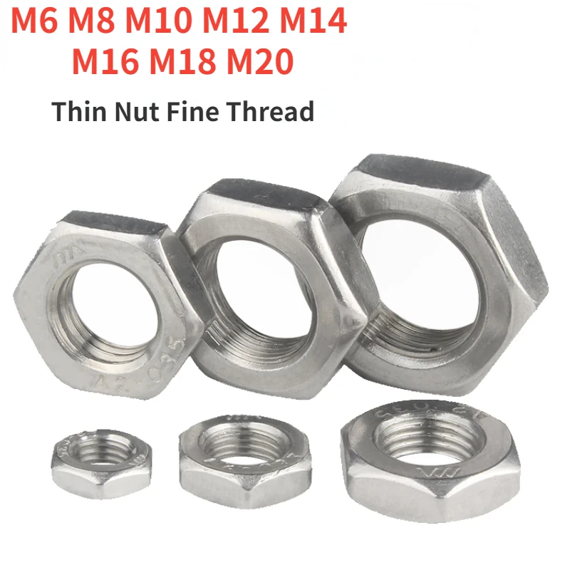 

M6 M8 M10 M12 M14 M16 M18 M20 304 Stainless Steel Hexagon Thin Nut Fine Thread Fine Nut Bolt Screw Hexagon Nut