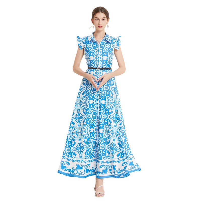 Summer-Floral-Blue-Sleeveless-Maxi-Shirts-Dress-Women-Designer-Graceful ...