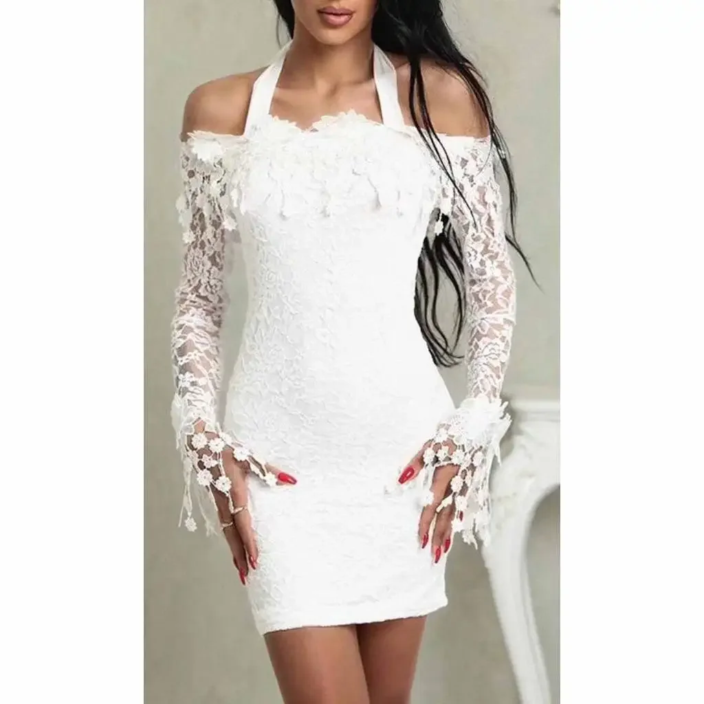

Sexy Off Shoulder Lace Dress Women Summer 2023 Fashion Slash Neck Long Sleeve Bodycon Mini Party Dresses Elegant Solid Vestidos