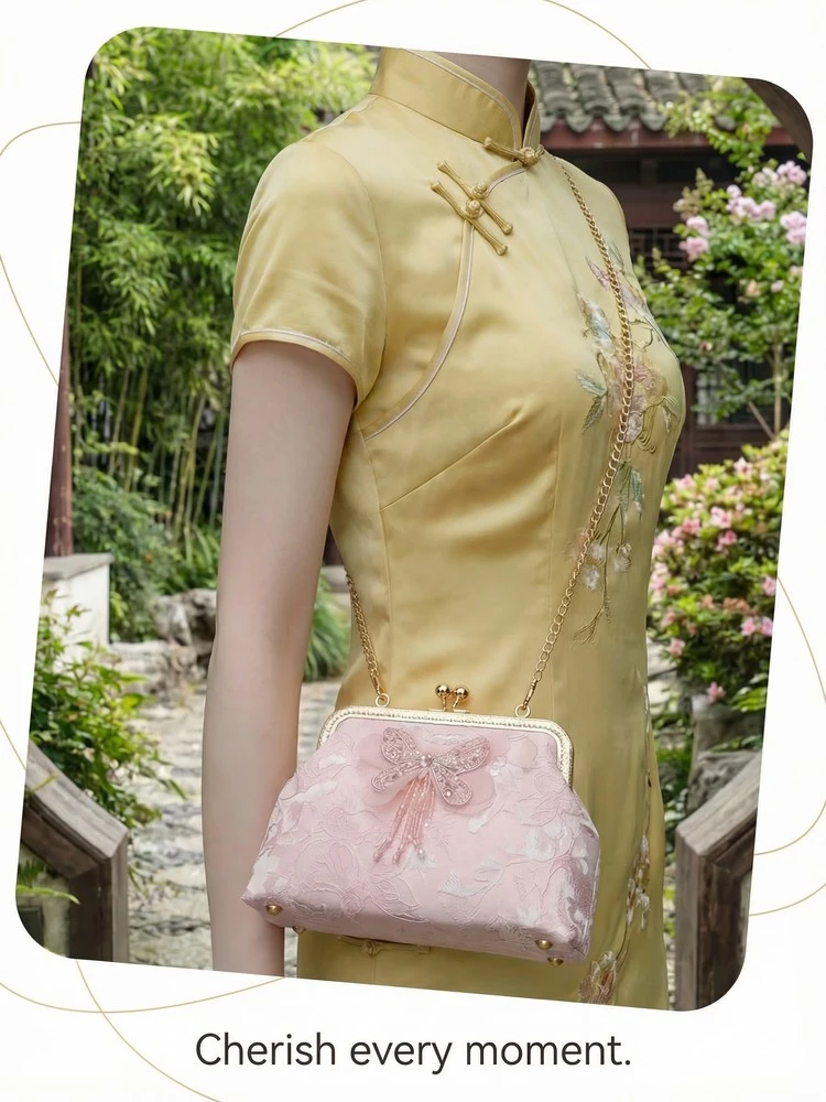 Chinese Style Butterfly Embroidery Clutch Vintage Lace Kiss Lock Handbag Elegant Evening Bag with Gold Chain for Women