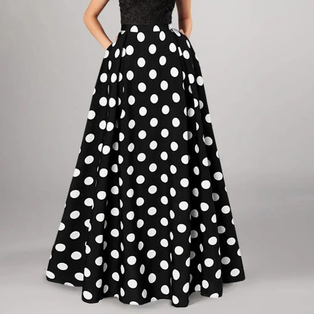 

Women Maxi Skirts Bohemian Polka Dot Long Skirt High Waist Summer Retro A-line Big Hem Side Pockets Loose Faldas S-4XL