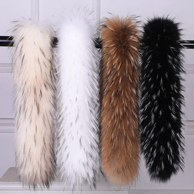 Real Raccoon Fur Collar Luxury Warm Natural Fur Scarf Female Winter Fur Hood Decor for Coat Jackets Genuine Fur Shawls Black