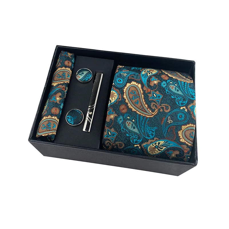 

6-piece Set Bussiness Cashew Print Ties for Men Kerchief Square Cufflinks Blue Tie Clip Groom Wedding Party Suit Gift Box Set