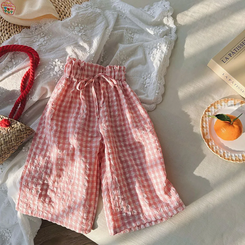 Kids Pants Plaid Printed Wide-leg Pants Flower Waist Summer Culottes Girls Pants Kids Clothes for Girls 2 To 8 Years - Image 5