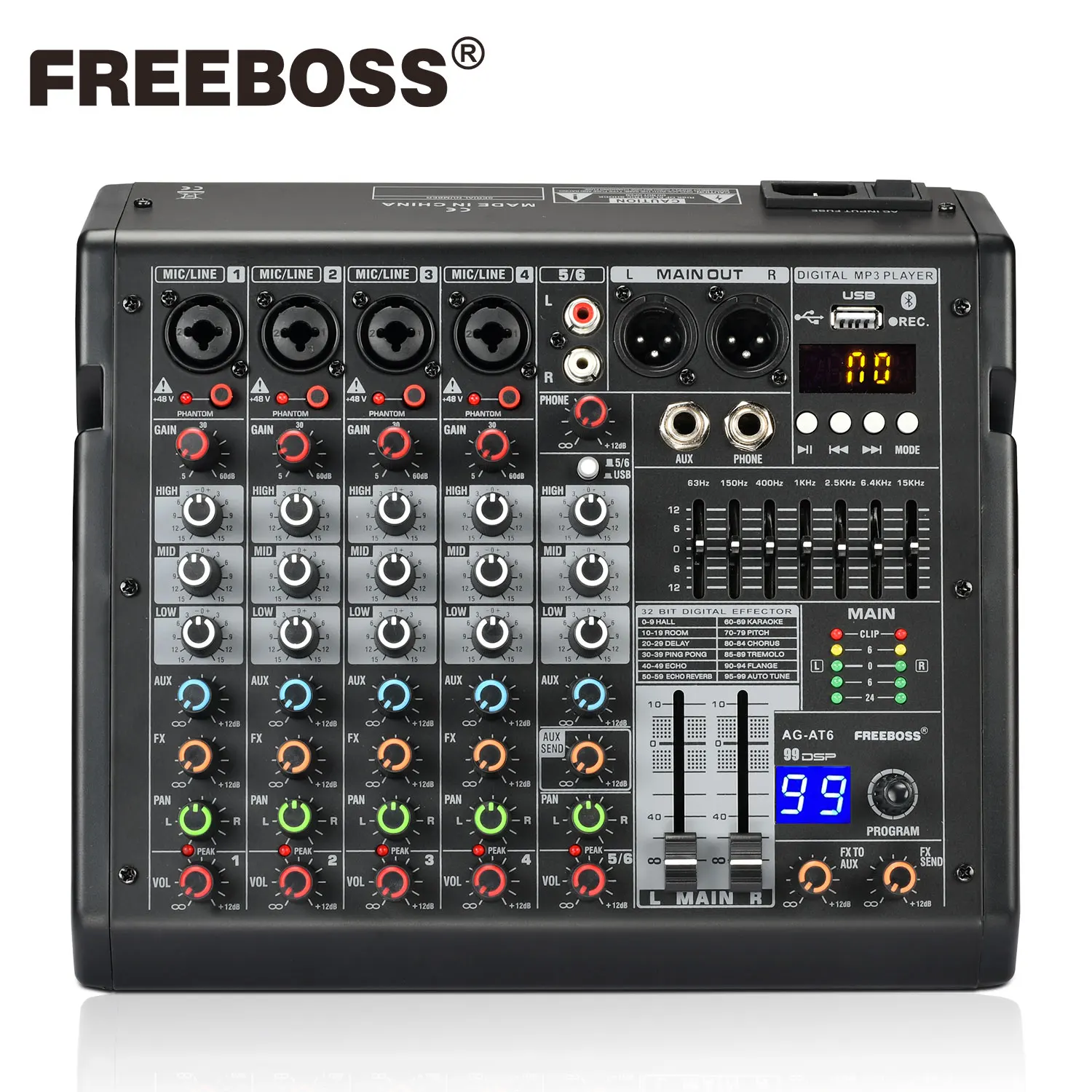 

FREEBOSS 6 Channels Mixing Console Stereo 99 DSP Effect 7-band EQ Bluetooth Sound Table USB Play Record Show Audio Mixer AG-AT6