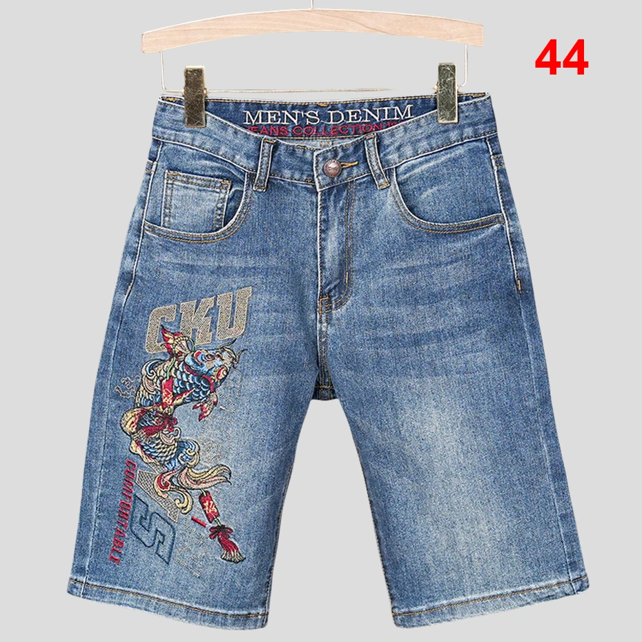 44 Plus Szie Denim Shorts Men Summer Fish Embroidery Jean Shorts Fashion Streetwear Carp Embroidery Short Pants Male Big Size 44