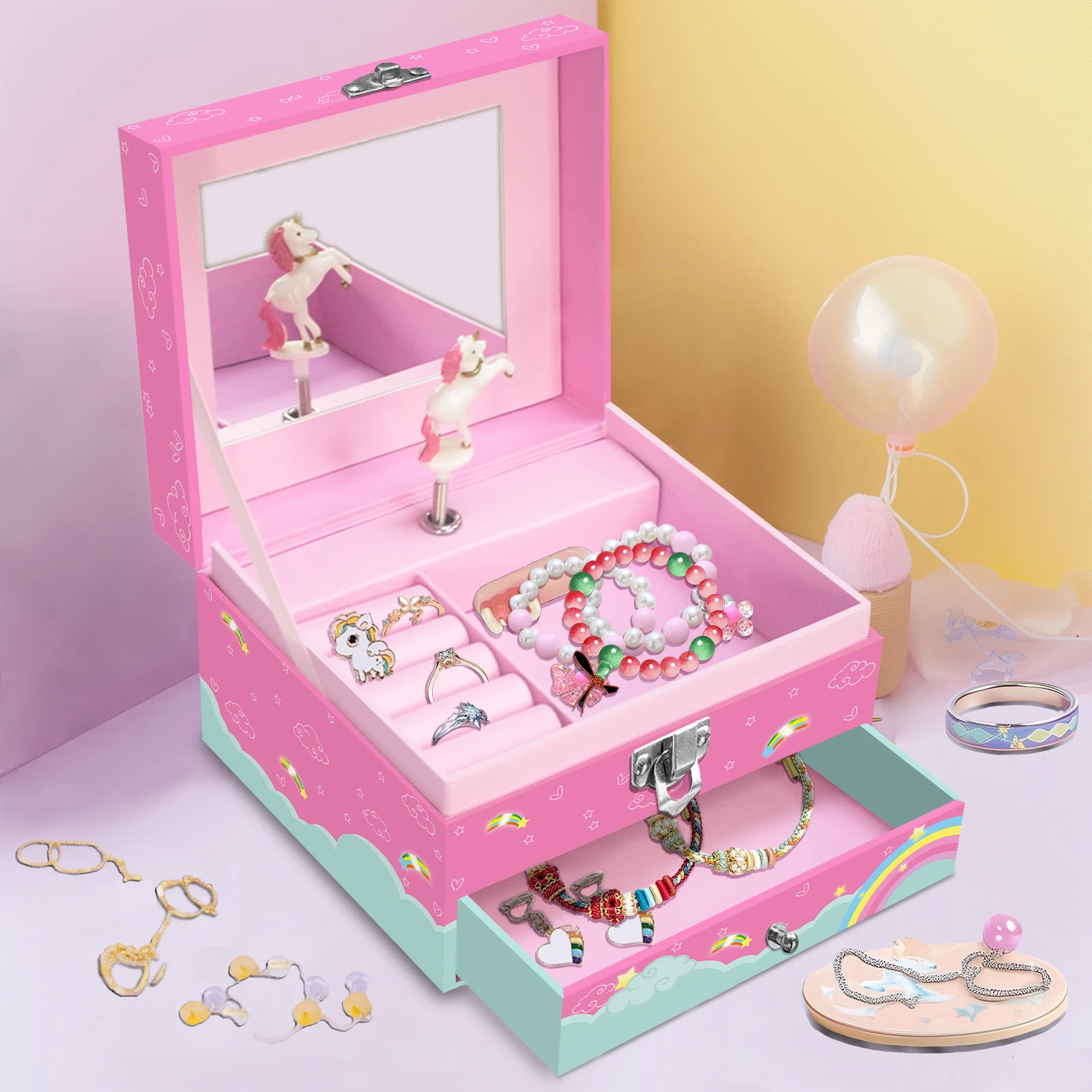 Magical Unicorn Jewelry Box, Spinning Unicorn with Jewelry Drawer, Small Rectangular, Square Jewelry Box 6