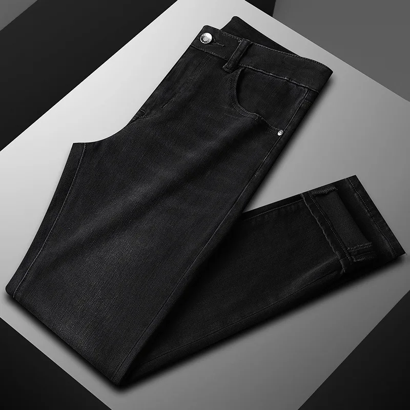 Black Gray Jeans Men's Thick Autumn 2024 New Denim Clothing Casual Stretch Slim High-End Fashion Brand Trousers 4