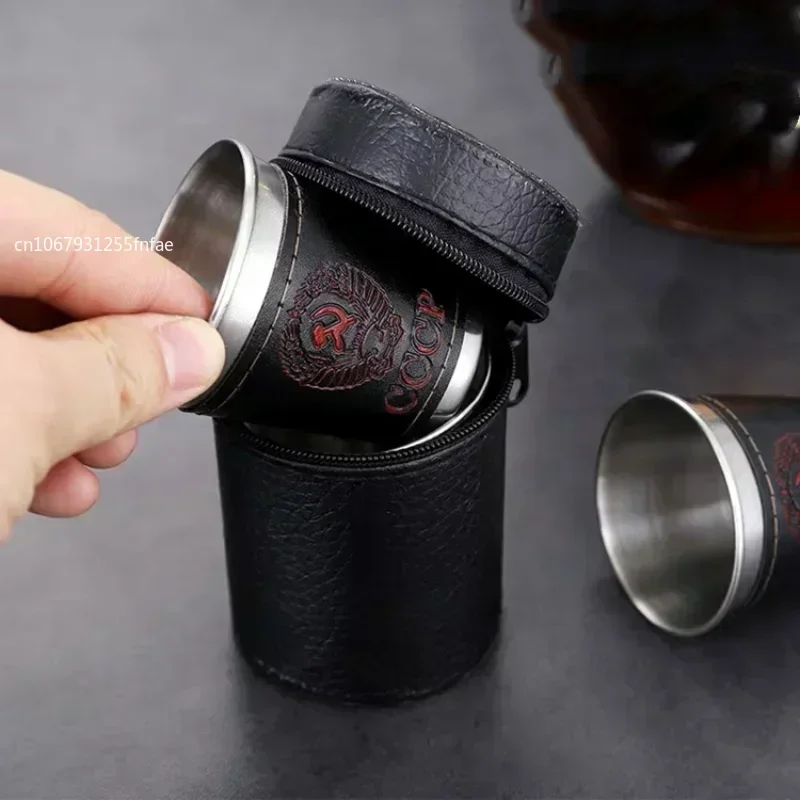 4pcs Vodka Cup 304 PU Holster Russia Stainless Steel Mini Wine Tumbler Portable Personalized 30ml Shot Glass Set Outdoor Product shot glasses,drinking vessels