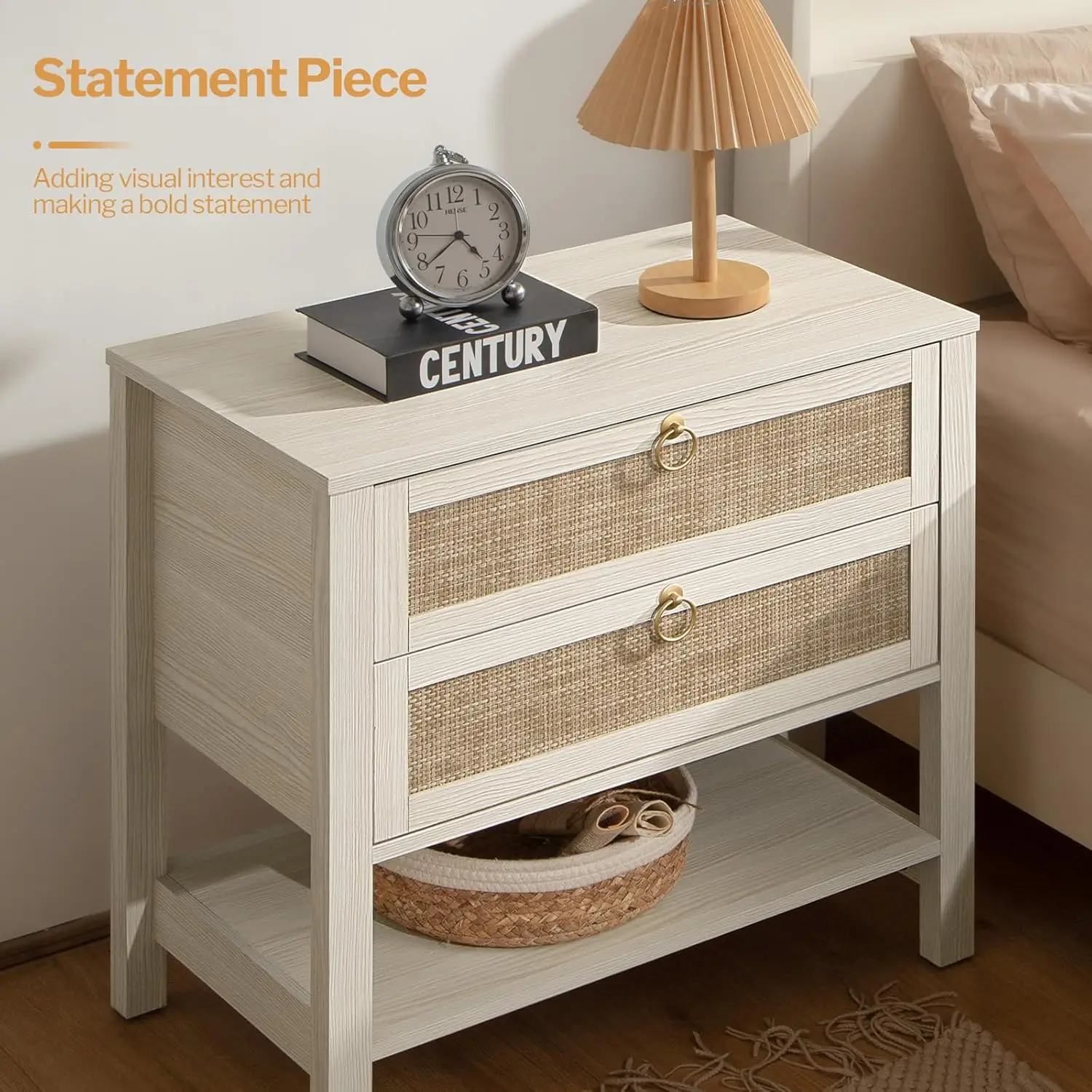 White Night Stand Set of 2, Large Nightstand with Drawers and Storage Shelf-Rattan Boho Bedside Table Narrow Side Table for Be