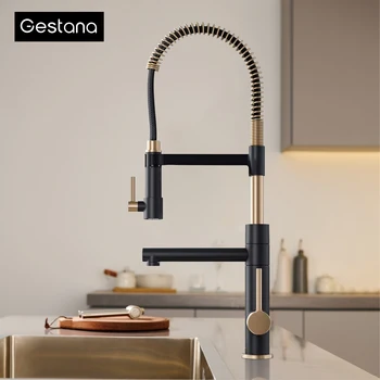 ก๊อกน้ำทองเหลืองแบบติดตั้งบนเคาน์เตอร์ทรงสูง ดีไซน์คลาสสิกสไตล์วินเทจ พร้อมหัวฉีดแบบดึงลง สำหรับอ่างล้างจานแบบ 1 รู 1