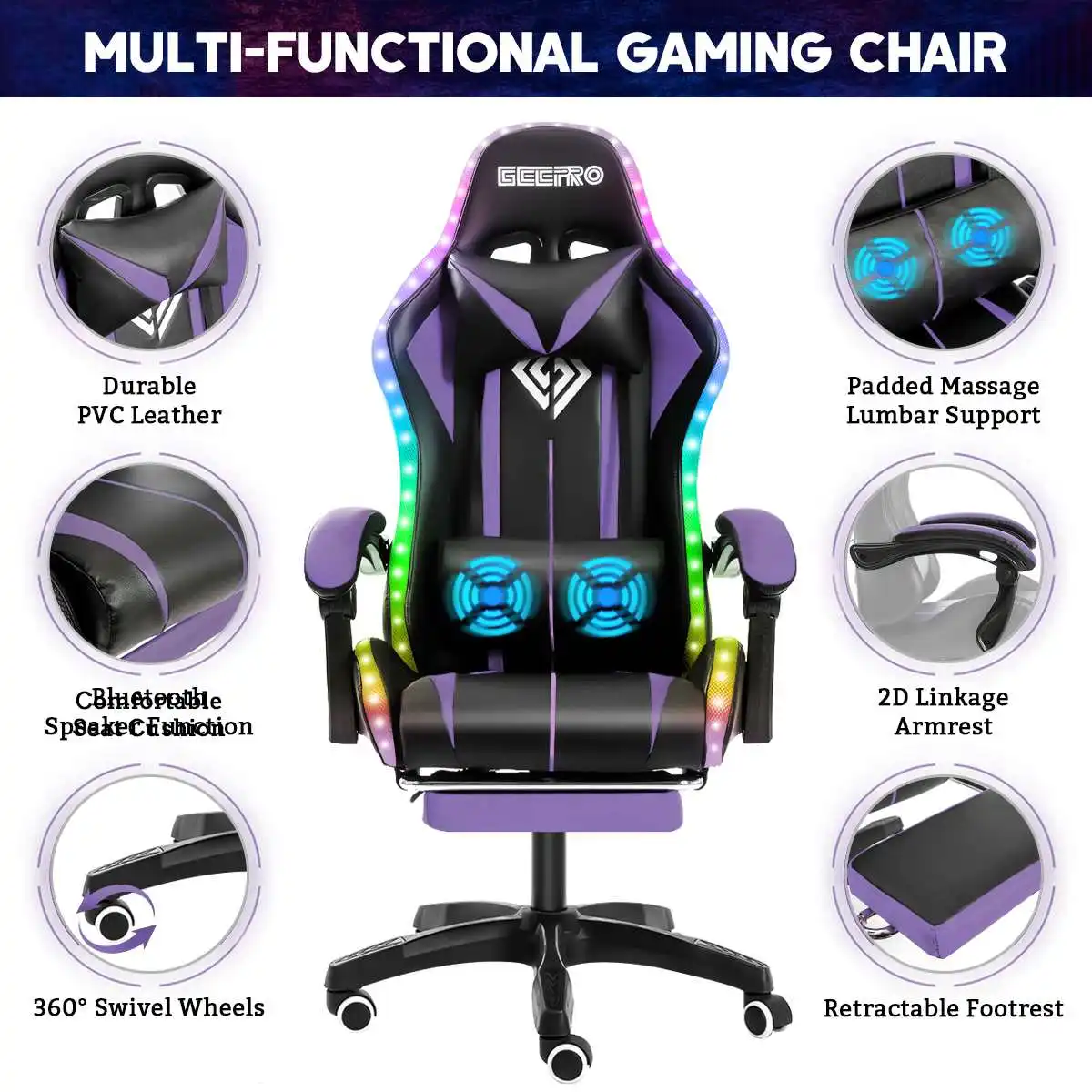 Gaming Chair With PVC Leather RGB Light Office Chair Gamer Computer Chair Ergonomic Swivel Chair 2 Point Massage Racing Chair 4