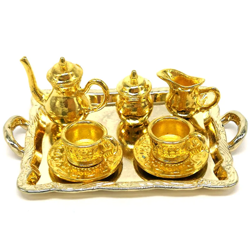 Doll House Miniature Metal Tea Doll House Furniture Miniature Dining Ware Toy Teapot Cup Plate 5/6/10Pcs/set