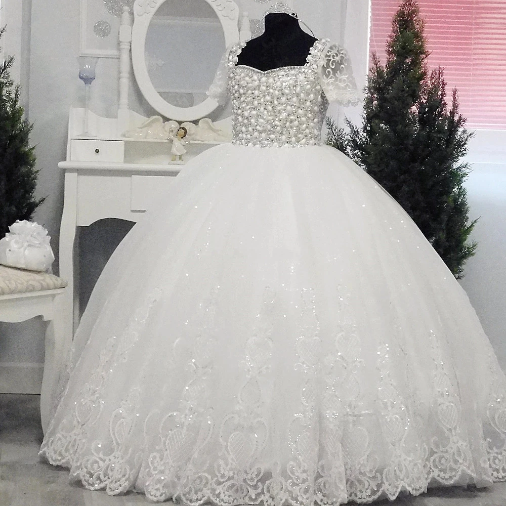 

Girls Dresses Ball Gown Glitter Pearls Crystals Flower Girl Dress for Wedding Short Sleeve Kids First Communion Dress