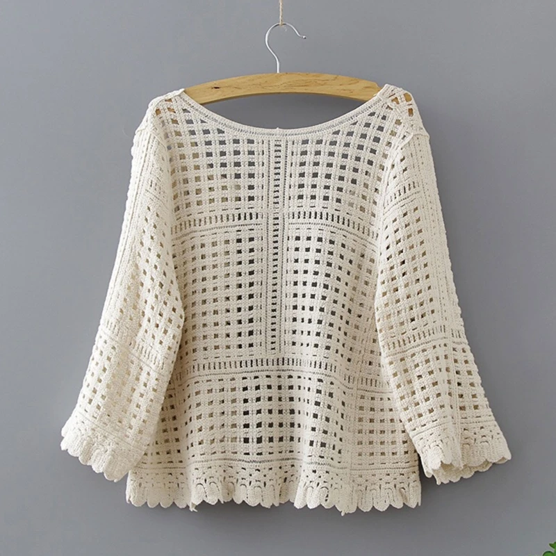 Women Spring Summer Flare 3/4 Sleeves Kimono Cardigan Hollow Out Crochet Knit Plaid Lace Cropped for Jacket for Sun for Dropship