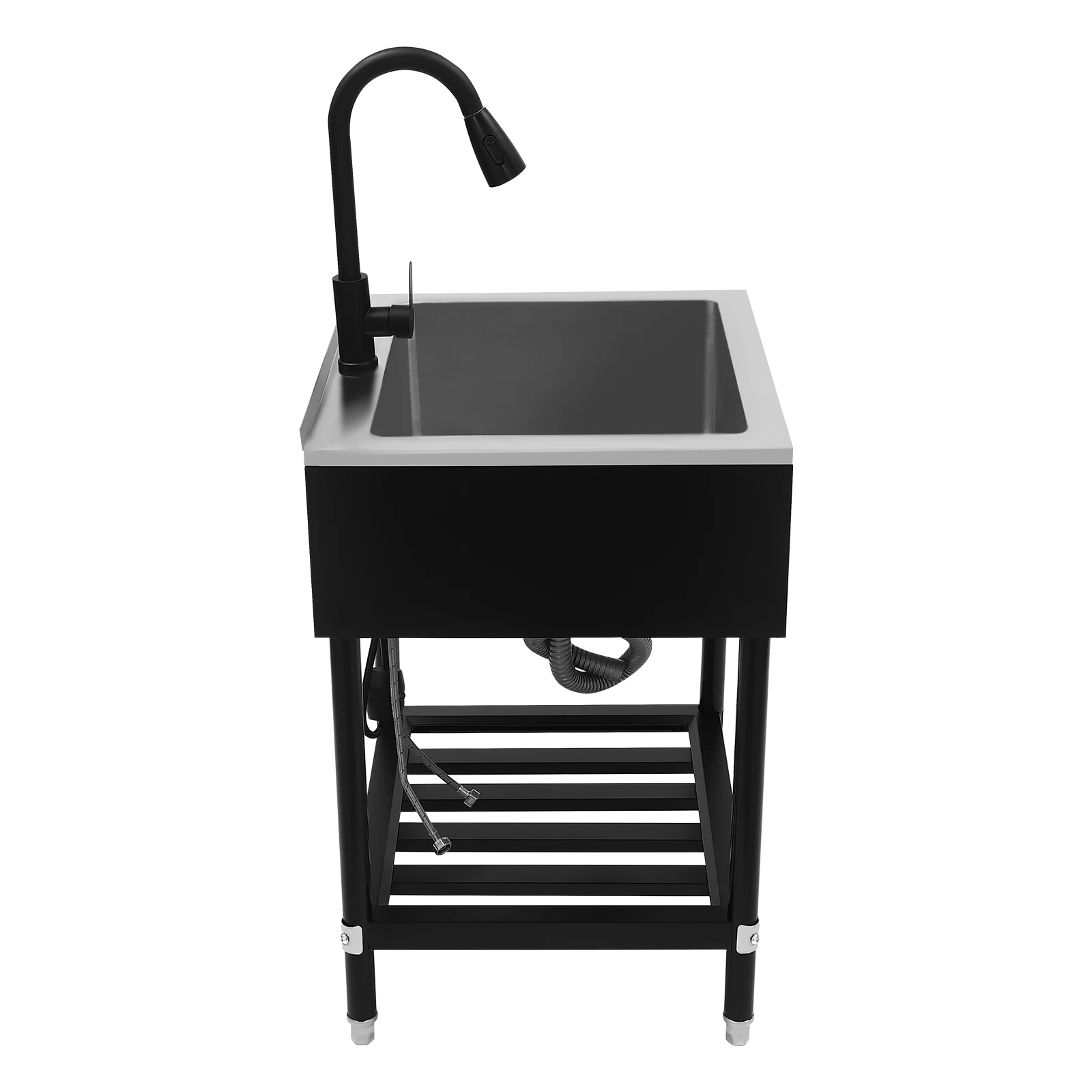 Black&Silver，Durable Kitchen sinks with Pull-Out Faucet, Adjustable Temperature, and Space-Saving Bottom Shelf 3