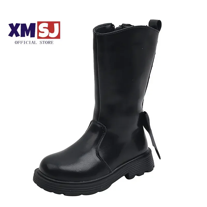 

Girls Unique Love and Bowknot Child Mid Calf Boots 2023 Kids Princess Fashionable New Black Elegant Catwalk Boots Winter 27-37