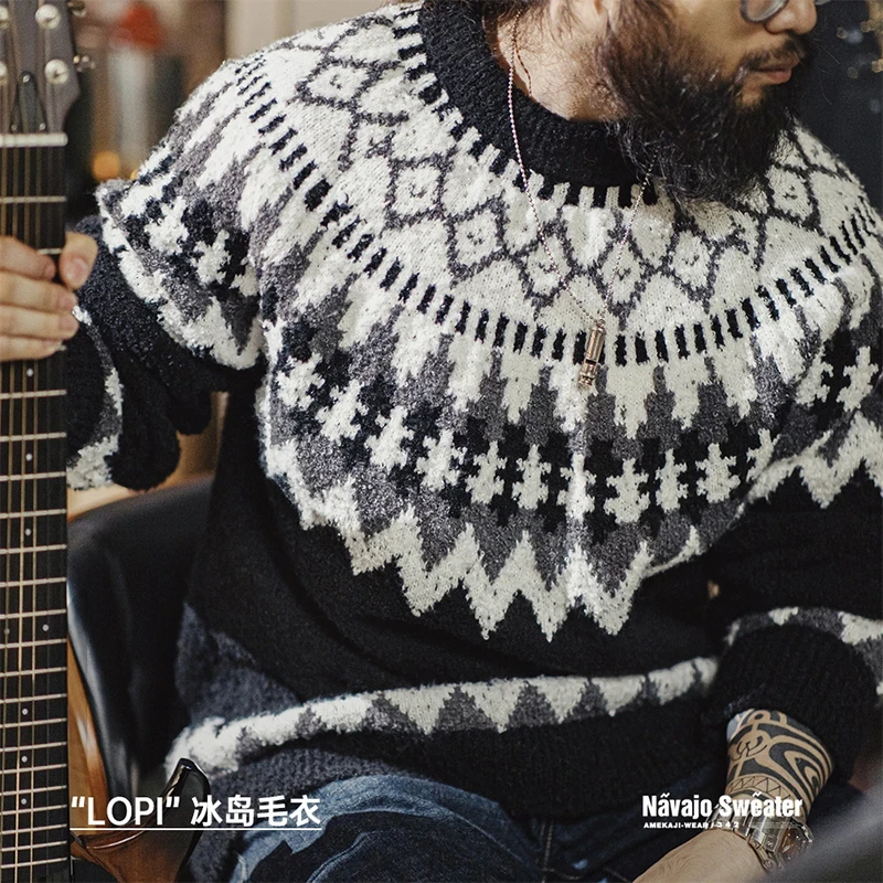Maden Vintage Heavyweight Fair Isle Icelandic Sweater Round Neck Jacquard Bottom Knitwear Thickened Warm Pullovers for Christmas 2