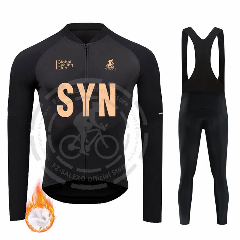 Completo Ciclismo Invernale Termico: Maglia Manica Lunga Fleece + Pantaloni Bavaglino Imbottiti