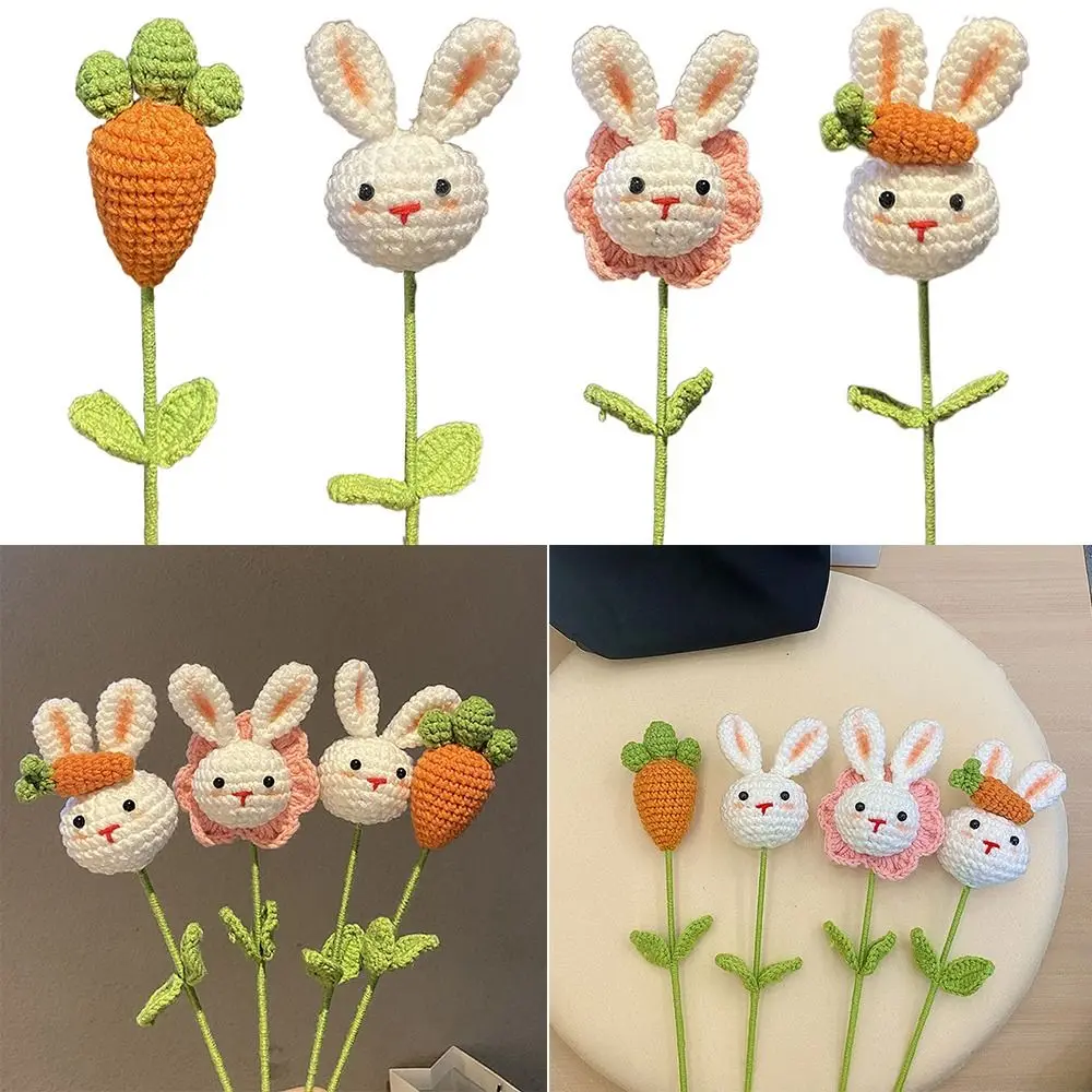 New Rabbit Crochet Flowers Hand-knitted Artificial Flowers Bouquet Homemade DIY Flower Valentine's Day Gift Home Wedding Decor