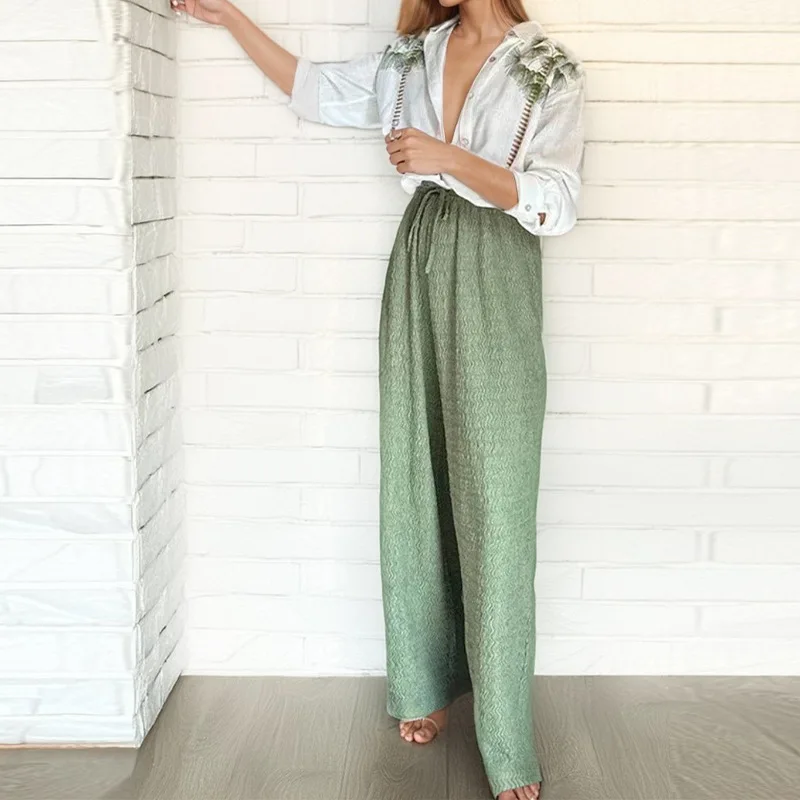 Ensemble Deux Pièces Élégant pour Femme, Chemise à Manches sulfet Pantalon à Jambes Larges, à la Mode, Nouvelle Collection 2024