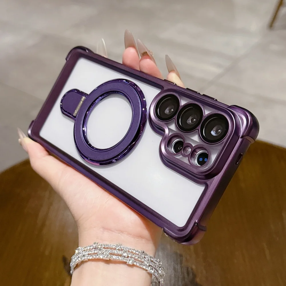 Transparent Electroplated Magnetic Bracket Case with Lens Protector Cover