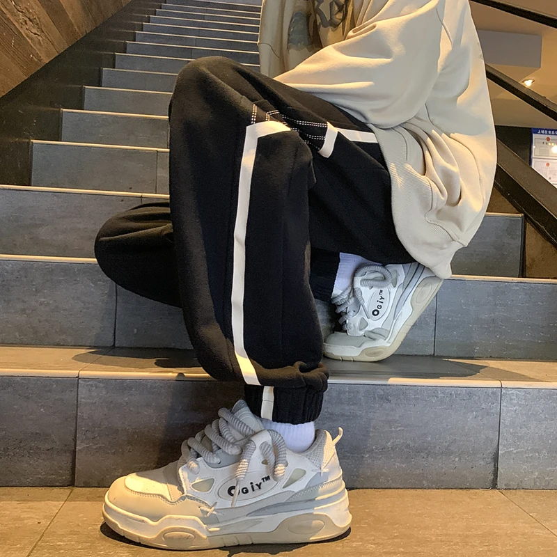 Spring Autumn New Elastic Waist Fashion Sweatpants Man Contrast Color Striped Patchwork Casual Drawstring Ankle Length Trousers