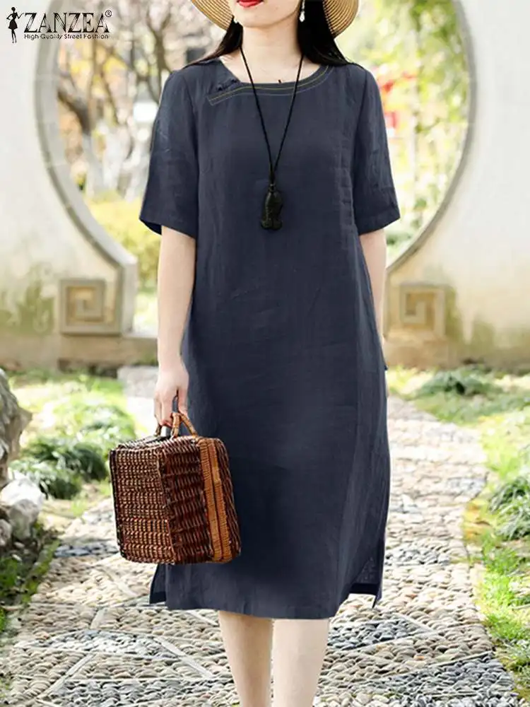 chinese dress ladies Buy ZANZEA Women Summer Dresses Cotton Linen Dress Plus Size Short Sleeve  Baggy Sundress Oversized Casual Floral Printed Floral Printed Midi Dresses  with Pockets, 1-blue, L at Amazon.in main image 0