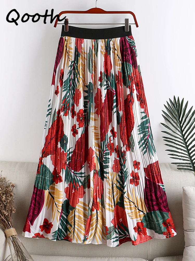 

Qooth Women Chiffon Flower Printed Pleated Skirt Elegant Elastic Waist Fairy Long A-line Skirt For Spring Summer QT2137