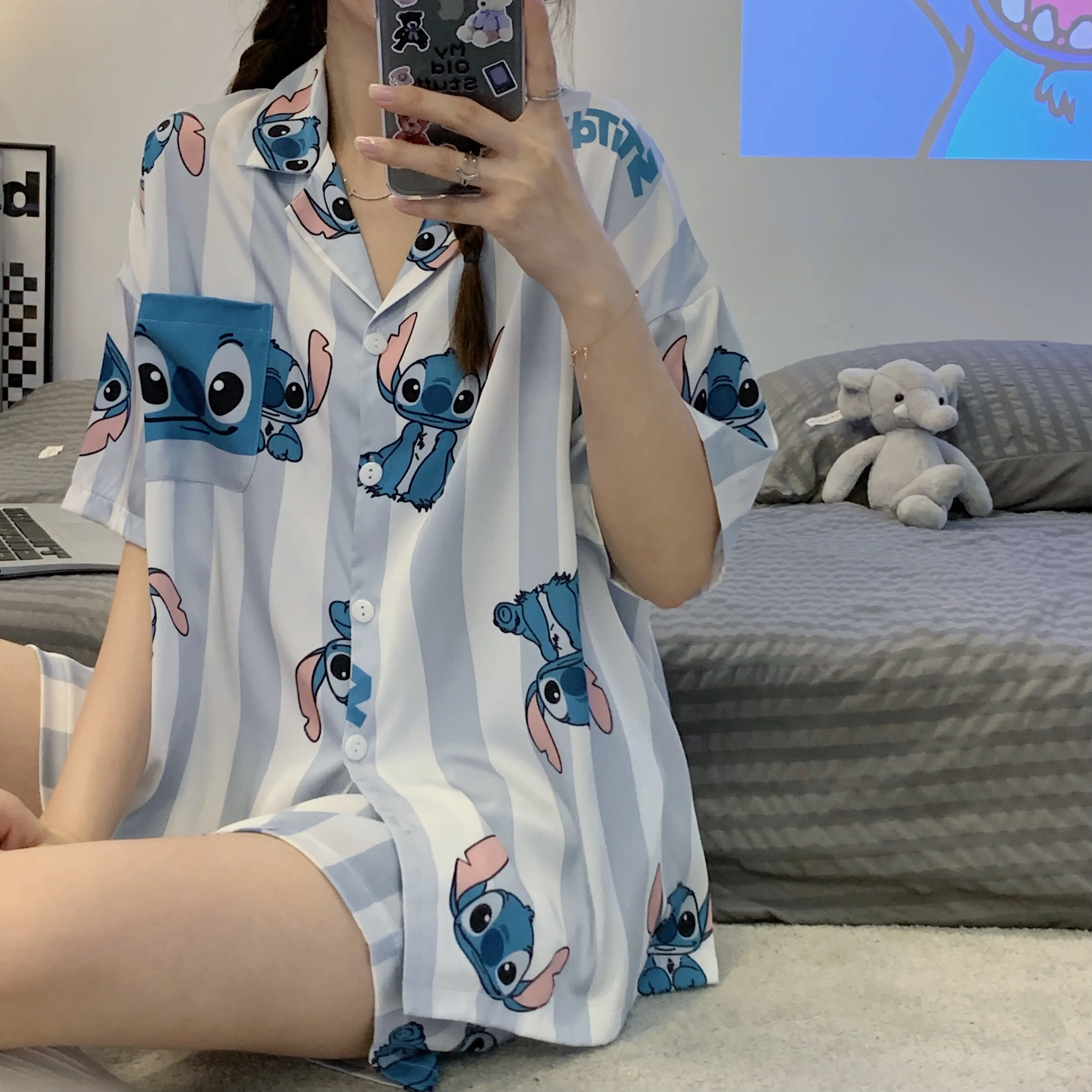 Disney Stitch Pajamas Sets High-quality Luxury Women's Pajama Summer Short-sleeve Cardigan Set Ice Silk Home Suit - AliExpress