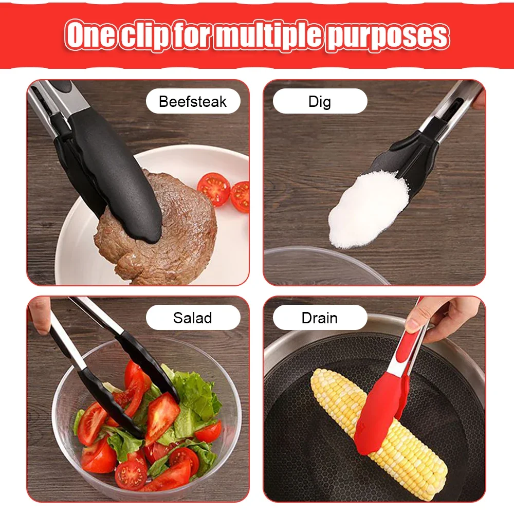 Food Tongs Stainless Steel Kitchen Tongs Silicone Nylon Non-Slip Cooking Clip Clamp BBQ Salad Tools Grill Kitchen Accessories