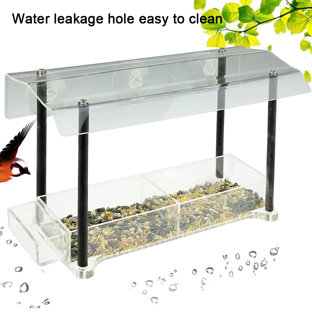 Window Bird Feeder, Large Size with Strong Suction Cups & Seed Tray, Separate Drinking-Water Sink & Wood Pillar Support, Weather