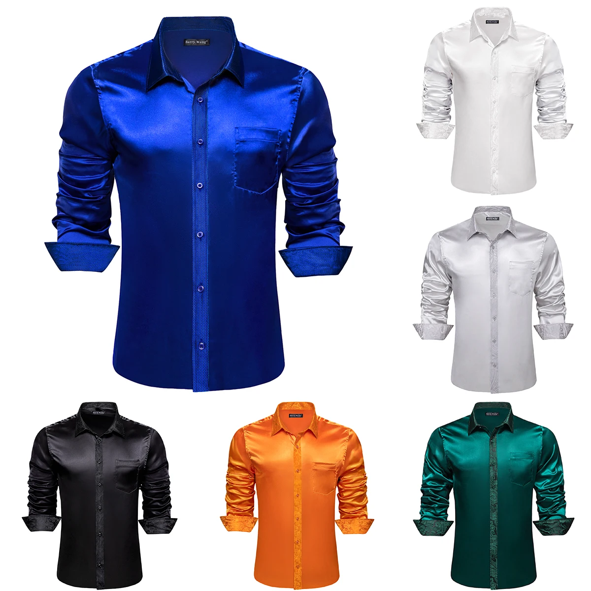 Luxury Shirts for Men Solid Paisley Silk Mercerized White Black Silver Blue Green Male Blouses Long Sleeve Tops Barry Wang
