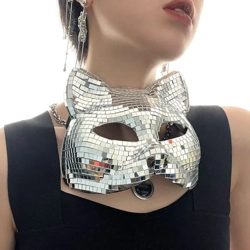 

Handmade Cosplay Glitter Cat Mask Bright Silver Mirrors Women DJ Dance Stage Sequin Masquerade Nightclub Carnaval Mask