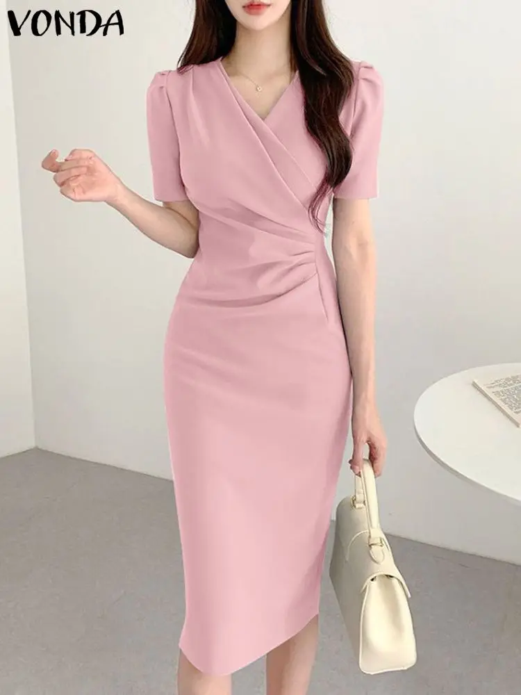 VONDA 우아한 오피스 원피스, 중간 종아리 원피스, 섹시한 V넥 단색 반팔 플리츠 오피스 로브, 여성 패션, 2024
