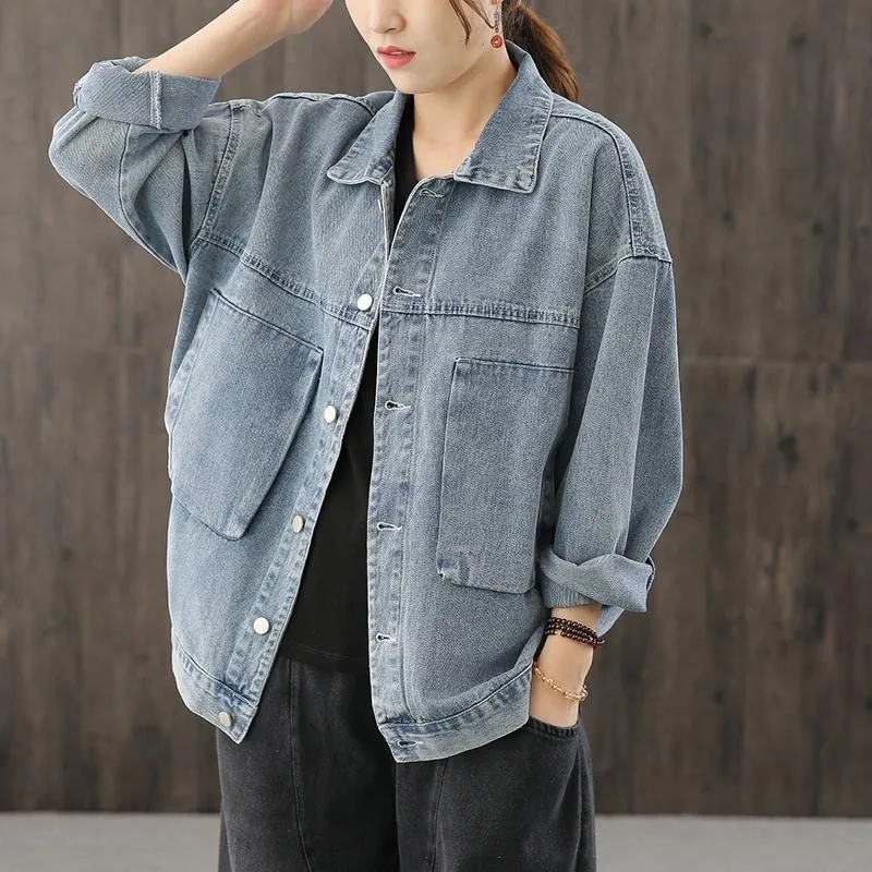 

SuperAen Korean Style Casual Loose Denim Short Jacket Retro Washed Vintage Women's Jeans Jacket