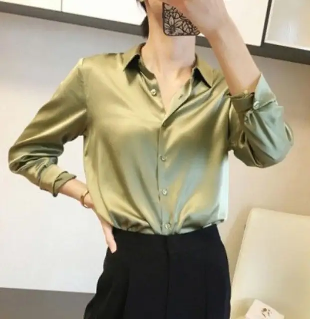Brand Quality Luxury Women Shirt Elegant Office Button Up Long Sleeve Shirts Momi Silk Crepe Satin Blouses Business Ladies Top lgreen