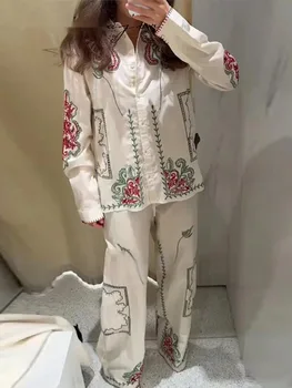 Casual Embroidered Shirt Pant Set Women Loose Lapel Single Breasted Top Elastic Waist Straight Trousers Summer Lady Outfits LM6C 1